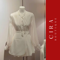 Cira Boutique Sét Áo Sơ Mi Đính Hoa Phối Chân Váy Xếp Ly Dáng Ngắn D0891