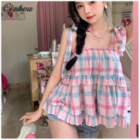 Cizhou Dopamine-strap áo sơ mi Lady Sweet ren-up kẻ sọc crop top