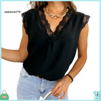Clearance479 Áo thun mềm màu trơn Áo thun mùa hè không tay ren chắp vá cổ chữ V cho nữ Áo thun mềm mại giản dị phong cách Ol hàng đầu