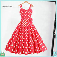 Clearance479 Nơ Dây Đầm Midi Vintage Cổ Điển 50 Retro Chữ A Swing Đầm In Chấm Và Màu Sắc Tương Phản Cho Mùa Hè Dạ Hội Dây Đầm