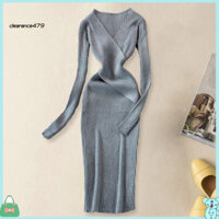 Clearance479 Nữ Sọc Đầm Nữ Cổ Chữ V Gợi Cảm Dệt Kim Midi Đầm Cho Nữ Mùa Thu Xuân Thắt Lưng Vỏ Dự Tiệc Đầm Vintage Sọc Màu Trơn Tay Dài
