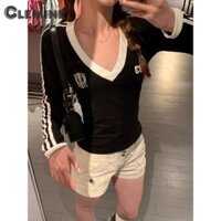Clemine Áo thun dài tay cổ chữ V ba thanh phong cách Mỹ cổ điển dành cho nữ