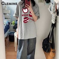 Clemine Áo thun nữ in hình Apple Áo thun ngắn tay dáng rộng