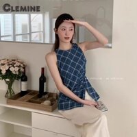Clemine Áo Vest Nữ Màu Xanh Không Tay Kẻ Sọc Áo Vest Vintage Sọc Top