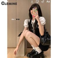 Clemine Đầm Nữ Mùa Hè Preppy Phong Cách Phối Màu Sọc Eo Chặt Váy Hông Tay Phồng Giả Hai Mảnh Váy