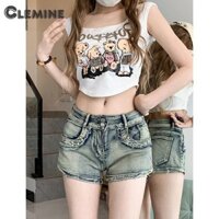 Clemine Hot Girl High Street Straight Denim Quần Short Nữ Gợi Cảm Slim-fit Phong Cách Hàn Quốc Đinh Tán Quần Jean Thời Trang