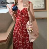 Clemine Tea Break Phong Cách Pháp Đỏ Nhỏ Hoa Treo Đầm Trẻ Em