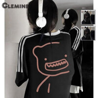 Clemine Thiết kế gấu sành điệu Áo thun dài tay Raglan màu đen trắng dáng rộng vừa vặn M-3XL