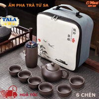 [C.Mart] Bộ Ấm Chén Tử Sa Du Lịch Bộ Bình Trà Gốm Sứ 10 Món Tặng Kèm Túi Khăn Lau Cao Cấp