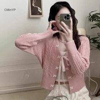 Cminyp Nơ Dệt Kim Cardigan Nữ Mùa Thu Phối Ren Áo Len Thường Ngày Áo Khoác Vinh Quang