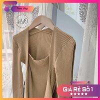 cnc Áo len tăm cổ vuông dáng hàn quốc tay dài, áo len nữ form ôm dáng