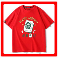 Cny 100% Cotton Cao Cấp Mahjong Fortune Celebration Áo thun ngắn tay màu đỏ 0103