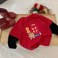 Cny Trẻ Em Năm Mới Cotton Áo Thun Dài Tay Bé Trai Bé Gái Phong Cách Đỏ Tết Nguyên Đán Áo Thun