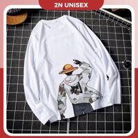 Có Ảnh Thật  Áo thun tay dài form rộng unisex - Sweater Luffy - Trắng
