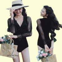 (có ảnh thật) Đồ Bơi, Bikini 1 mảnh liền thân nhung đen sang trọng, tay bo dài #1204