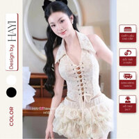 [CÓ ẢNH THẬT] Set Áo Cổ Yếm Đan Dây Ngực Ren Corset Phối Chân Váy Bồng Tầng có quần
