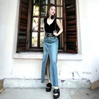 [CÓ ẢNH THẬT] Set áo váy đồ nữ, áo thun cổ V sát nách chân váy jean dài 2 lưng cao xẻ tà kèm dây đai đi du lịch, đi chơi