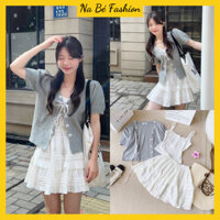(Có ảnh thật) Set áo váy - Set 3 món áo 2 dây phối áo khoác len nơ cardigan kèm chân váy xòe tiểu thư siêu xinh