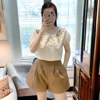 [CÓ ẢNH THẬT] Set bộ nữ áo sơ mi đũi kiểu thêu cổ dài quần short sooc mặc nhà mùa hè đi chơi đi dạo