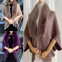 Cổ áo lông thú giả FUDESHE, Khăn choàng đan ấm áp mùa đông dày, Áo len Cardigan dệt kim tua rua