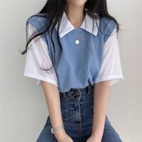 Cổ áo Polo, áo thun ngắn tay hai tông màu, thiết kế kiểu đại học dành cho nữ, với cổ áo polo