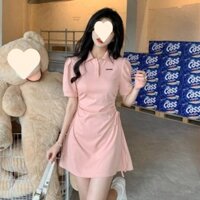 Cổ Áo polo Màu Hồng Tay Ngắn Đầm Nữ Mùa Hè 2025 Phong Cách Mới Dây Rút Eo Eo Ôm Hơn Nhìn Ngọt Ngào Phong Cách Cay Váy Chữ a