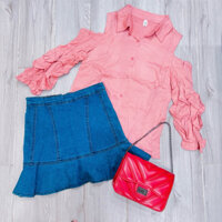 🎀(Có bán lẻ)🎀 Set Áo Somi Rớt Vai Tay Nhún Lạ Mắt, Màu Hồng Xinh Xắn + Chân Váy Jeans Form Đuôi Cá (có quần trong)