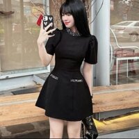 [CÓ BIG SIZE] Đầm đen tay phồng đính đá cổ và túi Bristy Dress