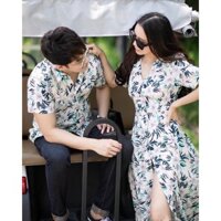(Có Bigsize 3XL) Váy sơ mi đôi đi biển in hoa huệ tây, đi chơi, chụp ảnh đẹp