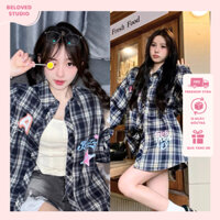 [Có bigsize] Áo sơ mi tay dài sọc caro xanh đen thêu họa tiết dễ thương, áo khoác ngoài sơ mi cho nữ năng động dễ thương