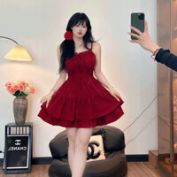 [Có Bigsize] Đầm Hai Dây 3 Tâng Dáng Xòe Phong Cách Tiểu Thư Sang Chảnh Có 2 Màu Đỏ Đen