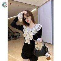 Cổ Chữ V Dài Tay Ren Khâu Nữ Pháp Đen Ruffle Đáy Áo Sơ Mi