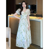 Cổ Chữ V Hoa Mới Đầm Trung Quốc Nữ Mùa Hè Mực Tranh Nẹp Ôm Hơn Nhìn Giữa Chiều Dài Váy Phong Cách Nhẹ Nhàng Chữ A20250403