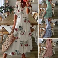 Cổ Chữ V Nửa Tay Ren Tua Rua Lớn Viền Nữ Đầm Bohemia Phong Cách In Hoa Đi Biển Đầm Maxi Dạo Phố