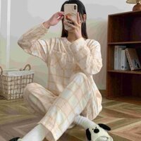 Cổ chữ V Phong Cách Muji Cotton Homewear Gạc Bộ Đồ Ngủ Dài Tay Quần Dài Tay Tay Có Thể Kéo Lên Đồ Gia Đình