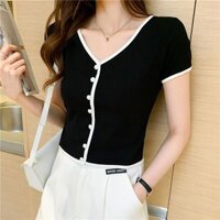 Cổ Chữ V Sang Trọng Thời Trang Áo Thun Nữ Mỏng Ngắn Eo Cao Pháp Phong Cách Chanel Top