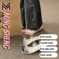 Cô Dép gót chân sang trọng 3-5cm đính đá, thiết kế mũi vuông, đế cao su