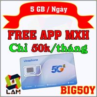 (Có eSIM) Sim 4G 5G Vinaphone BIG50Y 5GB/Ngày, Tỷ GB Mạng Xã Hội. Gia hạn chỉ 50k