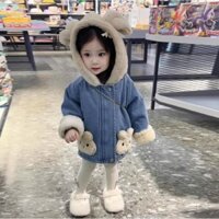 Cô gái. Con lông cừu lót dày denim áo khoác phong cách phương Tây. Cô gái trẻ em bé mùa đông tai thỏ bông độn áo