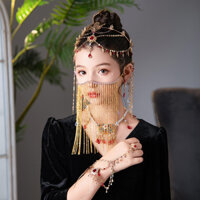 Cô gái tua rua tóc vương miện trẻ em phong cách cổ điển khăn che mặt Đỏ Mũ Vòng cổ retro bông tai