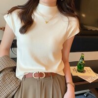 Cổ Giữa Dệt Kim Áo Thun Nữ Không Tay Đáy Áo Sơ Mi Nhỏ Bay Tay Mỏng Top