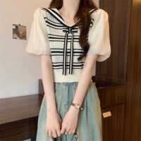 Cổ Hải Quân Sọc Dệt Kim Khâu Voan Puff Tay Áo Thun Nửa Tay Nữ Giả Hai Mảnh Ngắn Phong Cách Phương Tây Thẻ Eo Top Cổ Áo Hải Quân Sọc Dệt Kim Khâu Voan Puff Tay Hal
