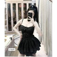 [CÓ HỎA TỐC] Set đồ nữ, áo hai dây ren áo croptop có mút ngực mặc cùng chân váy tầng quyến rũ, tôn dáng