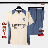 [Có in (Nhiều mẫu)- HÀNG Strivend MỚI VỀ ĐẸP] Bộ quần áo Real Madrid kem 2024/25 hàng đẹp vải mè logo thêu