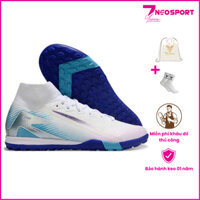 (Có khâu Full đế) Giày Bóng Đá Cỏ Nhân Tạo Mercurial Superfly 10 Cổ Cao Hologram Bo Thun Trắng Đế Xanh Bích TF