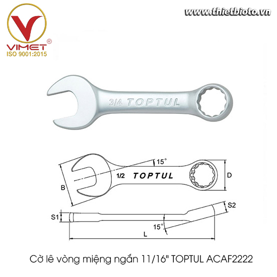 Cờ lê vòng miệng ngắn Toptul ACAF2222 - 11/16″