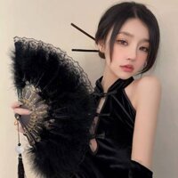 Cổ Lông Quạt Sườn Xám Nữ Sàn Catwalk Gấp Quạt Hanfu Năm Mới Đen Ren Quạt Khiêu Vũ Quạt Phong Cách Retro Trung Hoa20250322