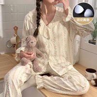 Có Miếng Lót Ngực Quần Áo Nhiễm Trùng Xuân Hè Mây Cotton Dài Tay Bộ Đồ Ngủ Bà Bầu Ngọt Ngào Nhỏ Hoa Sau Sinh Điều Dưỡng Quần Áo Nhà 25.3.5