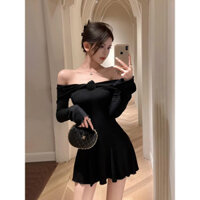 Cổ Một Chữ Hở Vai Váy Thuần Khiết Mong Muốn Khí Chất Hoa Hồng Mùa Thu Và Mùa Đông Mỏng Manh Váy Đen