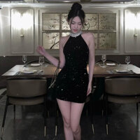 [có mút ngực] Đầm dự tiệc đính đá chất kim sa đầm body cổ yếm sang trọng - elssa